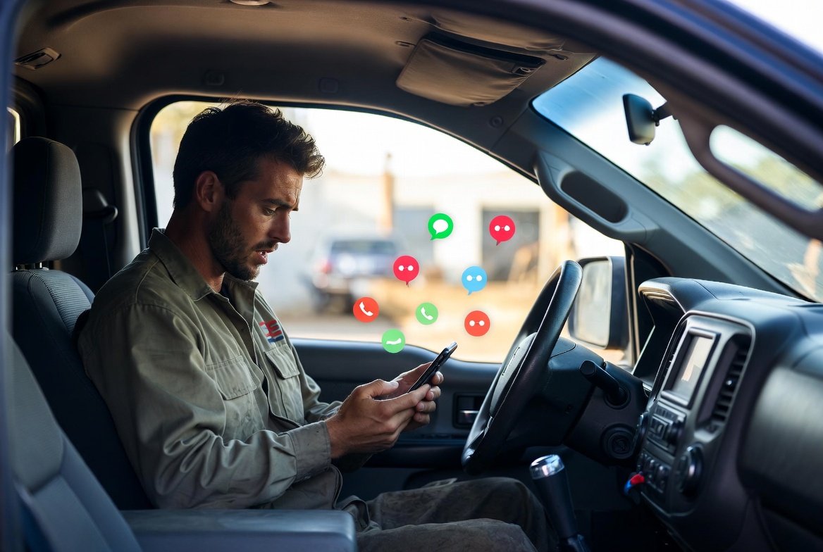 Frustrated contractor in truck with too many missed calls